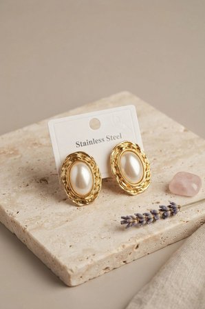 Mey İthalat 316L Gold Renk Gold Renk Vintage Beyaz İncili Model Küpe