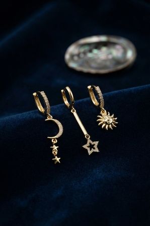 Mey İthalat 3 lü Set Ay Yıldız ve Güneş Model Gold Renk Kadın Küpe
