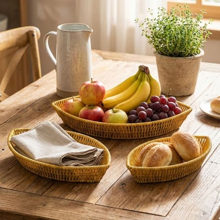B 3’lü Kayık Formlu Plastik Rattan Sepet Seti–Hasır Görünümlü Ekmek, Meyve ve Sunum Sepetleri, Çok Amaçlı Masaüstü Organizer