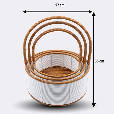 B 3 Boy İç İçe Geçebilen Plastik Rattan Sepetler–Beyaz Renkli,Kahverengi Saplı, Çok Amaçlı Düzenleyici ve Sunum Sepeti Seti