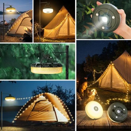 B 2’si 1 Arada 5 Farklı Işık Modlu Gün Işığı Şarjlı Kamp Lambası ve Makaralı 10 Metre Peri LED Işık – Su Geçirmez Mıknatıslı Aydınlatma Feneri