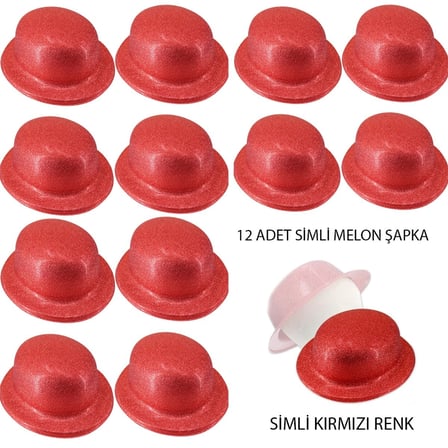 Mey İthalat Kırmızı Renk Simli Melon Yuvarlak Parti Şapkası 12 Adet