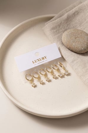 Mey İthalat Yıldız Zirkon Taşlı Gold Renk Pirinç Set Küpe