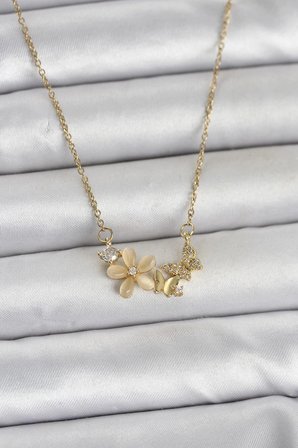 Mey İthalat 316L Çelik Zincir Gold Renk Çiçek ve Kelebek Model Kadın Kolye