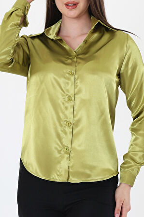 Kadın Hafif Dökümlü Yağ Yeşil Saten Gömlek
