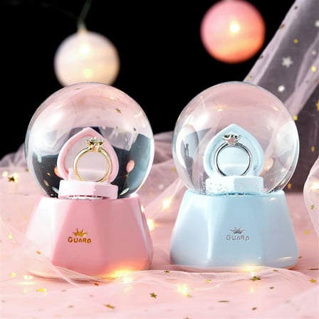 Marsilyan Tek Taş Yüzük Tasarımlı Büyük Boy Kar Küresi Pembe Müzikli Işıklı