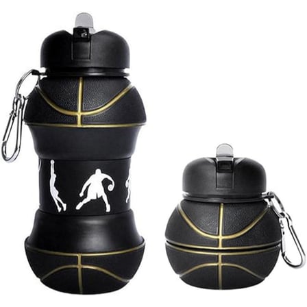 Marsilyan Siyah Basketbol Topu Tasarımlı Akordiyon Matara Silikon Su Şişesi Sızdırmaz Klipsli