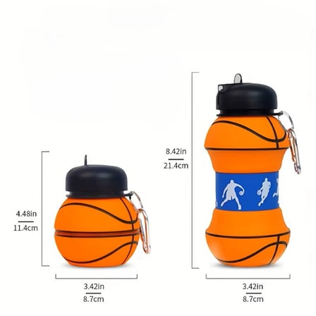 Marsilyan Siyah Basketbol Topu Tasarımlı Akordiyon Matara Silikon Su Şişesi Sızdırmaz Klipsli