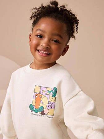 Kız Çocuk Pamuklu Beyaz Renkli Sırt Baskılı Sweatshirt Tayt Alt-Üst Takım