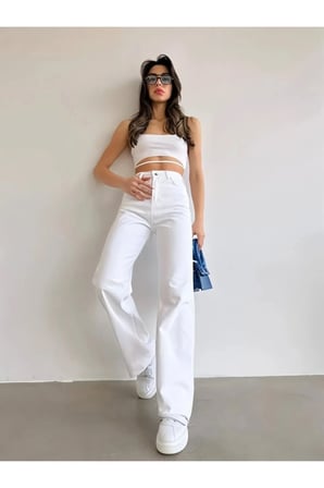 Jeannine Kadın Jeans Beyaz Yüksek Bel Palazzo Salaş Bol Paça Denim Kot Pantolon Beekeplzbyz-01