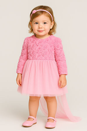 Kız Bebek Pembe Elbise Uzun Kollu Fiyonklu Doğum Günü Parti Düğün Özel Gün Tüllü Astarlı Prenses (Pembe)