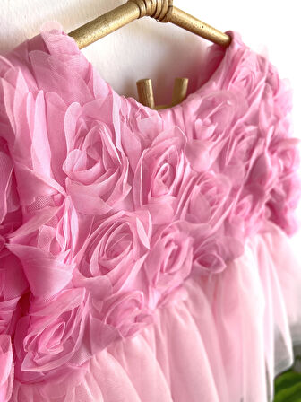 Kız Bebek Pembe Elbise Uzun Kollu Fiyonklu Doğum Günü Parti Düğün Özel Gün Tüllü Astarlı Prenses (Pembe)