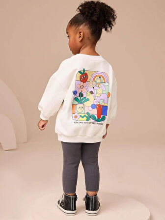 Kız Çocuk Pamuklu Beyaz Renkli Sırt Baskılı Sweatshirt Tayt Alt-Üst Takım