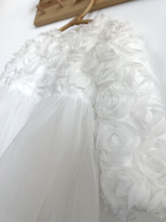 Kız Bebek Beyaz Elbise Uzun Kollu Fiyonklu Doğum Günü Parti Düğün Özel Gün Tüllü Astarlı Prenses 