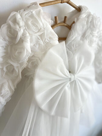 Kız Bebek Beyaz Elbise Uzun Kollu Fiyonklu Doğum Günü Parti Düğün Özel Gün Tüllü Astarlı Prenses 