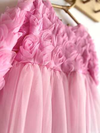 Kız Bebek Pembe Elbise Uzun Kollu Fiyonklu Doğum Günü Parti Düğün Özel Gün Tüllü Astarlı Prenses (Pembe)