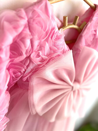 Kız Bebek Pembe Elbise Uzun Kollu Fiyonklu Doğum Günü Parti Düğün Özel Gün Tüllü Astarlı Prenses (Pembe)