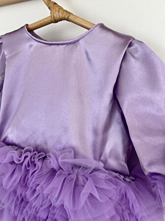 Kız Bebek Çocuk Elbise Uzun Kollu Tüllü Tütü Özel Gün Parti Doğum Günü Prenses Saten Abiye Elbise