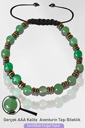 Sertifikalı Silver Hematitli 6mm Doğal Aventurin Taşı Bileklik - Ayarlamalı
