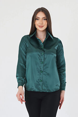 Kadın Hafif Dökümlü Zümrüt Yeşil Saten Gömlek