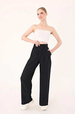 Kadın Siyah Çift Düğmeli Keten Palazzo Pantolon