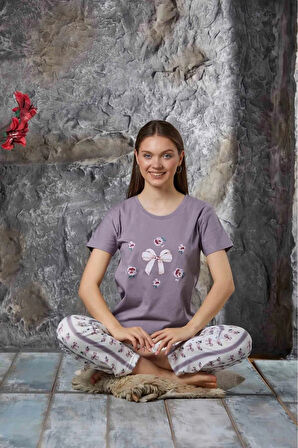 Lukitus Kısa Kol Pijama Takımı Pamuklu Sıfır Yaka Pijama Takımı