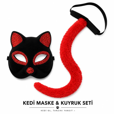 Kırmızı Kedi Maske ve Kuyruk Seti Parti Kostüm Aksesuarı (4887) -MİRAYLİFE