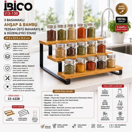 3 BASAMAKLI AHŞAP - BAMBU TEZGAH ÜSTÜ BAHARATLIK - DÜZENLEYİCİ STAND 29.5X23.5X10.5CM (4887) -MİRAYLİFE