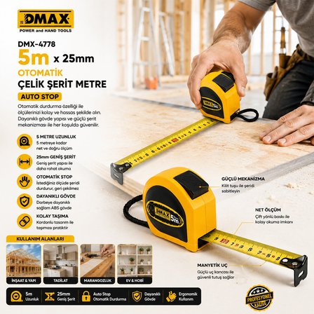 12 ADET 5MT X 25MM OTOMATİK ÇELİK ŞERİT METRE STOPLU (4887) -MİRAYLİFE