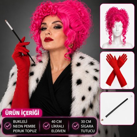 Neon Bukleli Pembe Peruk Uzun Kumaş Kırmızı Eldiven ve Sigara Tutucu Seti (3 Parça) (4887) -MİRAYLİFE