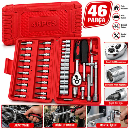 46 PARÇA LOKMA SETİ 1/4 INC BİT - 6GEN SOKET - CIRCIR KOLU - UZATMA-KAYDIRMA ÇUBUKLARI PLS.KUTULU (5492) -MİRAYLİFE