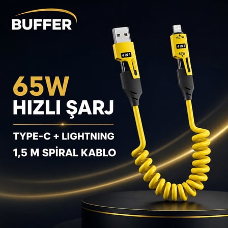 4&amp;apos;ü 1 Arada Esnek Spiral Hızlı Şarj Kablosu, Araç İçi Yaylı Kablo, Type-C ve Lightning Uyumlu Çoklu Şarj Kablosu (4887) -MİRAYLİFE