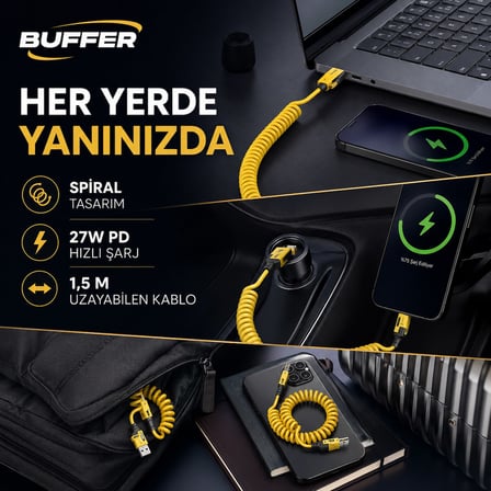 4&amp;apos;ü 1 Arada Esnek Spiral Hızlı Şarj Kablosu, Araç İçi Yaylı Kablo, Type-C ve Lightning Uyumlu Çoklu Şarj Kablosu (4887) -MİRAYLİFE