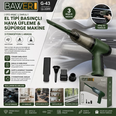 OTO ARAÇ SARJLI EL TİPİ BASINÇLI HAVA ÜFLEME - SÜPÜRGE MAKİNE 3 BAŞLIK G-43 (4887) -MİRAYLİFE