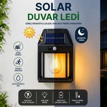Ampul Model 3 Modlu Solar LED Duvar Lambası, Güneş Enerjili, Şarjlı Kablosuz Dış Mekân Apliği, Bahçe ve Kapı Lambası (4887) -MİRAYLİFE