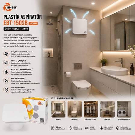 PLASTİK ASPİRATÖR 150 BEYAZ BANYO TUVALET HAVALANDIRMA ASPİRATÖRÜ 20W 2800RPM 320M3/H EBT-150SB (4887) -MİRAYLİFE