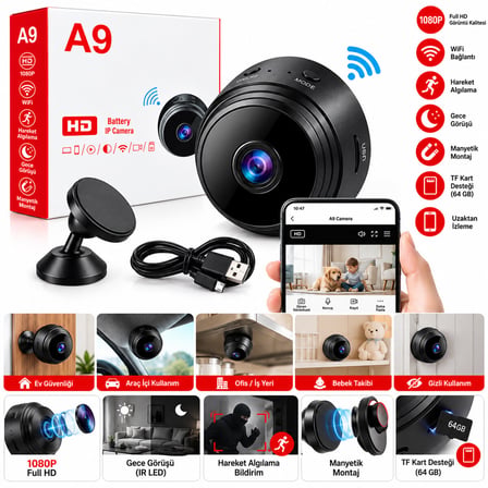 WİFİ HD MİNİ BATTERY IP KAMERA UZAKTAN İZLENEBİLEN 20FPS-15FPS A9 (5492) -MİRAYLİFE