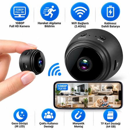 WİFİ HD MİNİ BATTERY IP KAMERA UZAKTAN İZLENEBİLEN 20FPS-15FPS A9 (5492) -MİRAYLİFE