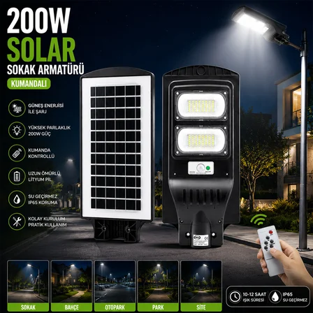 200W - 6500K SOLAR - GÜNEŞ ENERJİLİ SOKAK LAMBASI - ARMATÜR SENSÖRLÜ BAHÇE-BALKON-SOKAK ARS-348965 (4887) -MİRAYLİFE