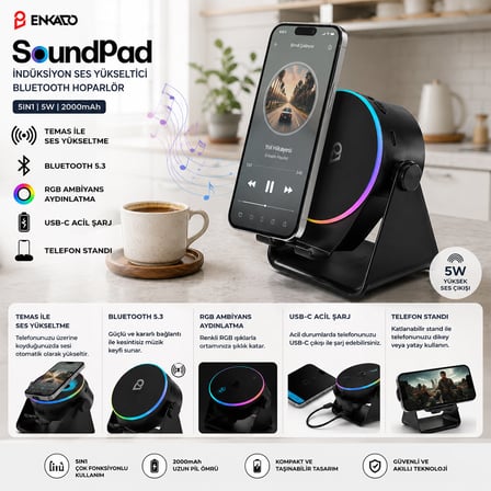 SOUNDPAD 5IN1 - 5W - 2000mAh TEMAS İLE SES YÜKSELTME - TELEFON STAND - USB-C ŞARJ SİYAH İNDİKSİYON SES YÜKSELTİCİ BLUETOOTH HOPARLÖR SPEAKER EKD-S10 (4887) -MİRAYLİFE