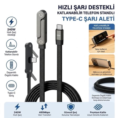 240W Hızlı Şarj Destekli Katlanabilir Telefon Standlı Örgülü Type-C to Type-C Şarj Kablosu (4887) -MİRAYLİFE