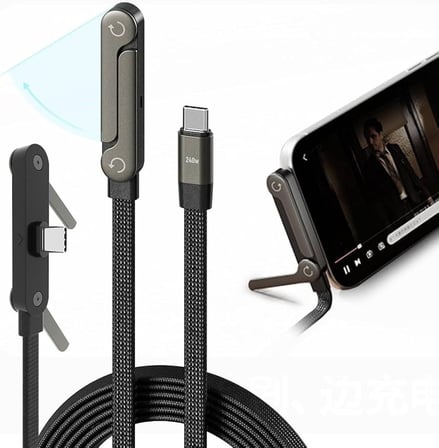 240W Hızlı Şarj Destekli Katlanabilir Telefon Standlı Örgülü Type-C to Type-C Şarj Kablosu (4887) -MİRAYLİFE