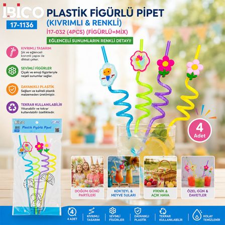 4PCS KIVRIMLI - RENKLİ PLASTİK PİPET FİGÜRLÜ=MİX (4887) -MİRAYLİFE