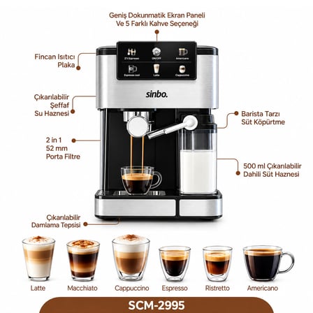SİYAH - KROM ESPRESSO KAHVE MAKİNESİ 6 FARKLI KAHVE 1.5LT SU HAZNE - 500ML SÜT HAZNE 1350W SCM-2995 (4887) -MİRAYLİFE