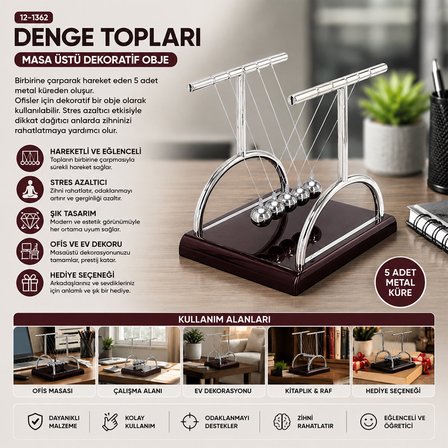 BALANCE BALLS BÜYÜK NEWTON - METAL DENGE TOPLARI MASA ÜSTÜ (4887) -MİRAYLİFE