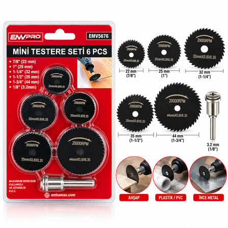 6PCS MİNİ TESTERE SET 7/8 INC-22MM - 1 INC-25MM - 1-1/4 INC-32MM - 1-1/2 INC-35MM - 1-3/4 INC- 44MM - 1/8 INC--3.2MM (4887) -MİRAYLİFE