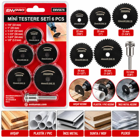 6PCS MİNİ TESTERE SET 7/8 INC-22MM - 1 INC-25MM - 1-1/4 INC-32MM - 1-1/2 INC-35MM - 1-3/4 INC- 44MM - 1/8 INC--3.2MM (4887) -MİRAYLİFE