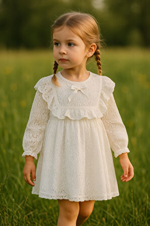 Kız Bebek Çocuk Uzun Kollu Dantelli Fiyonklu Fırfırlı Parti Düğün Doğum Günü Bayramlık Elbise