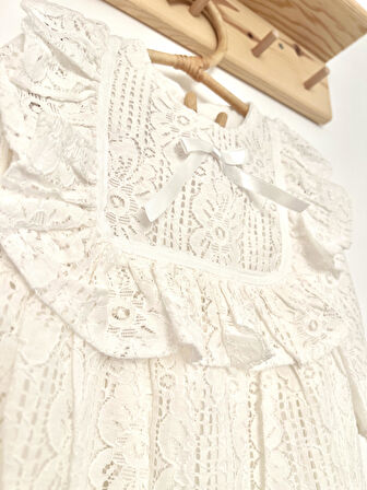 Kız Bebek Çocuk Uzun Kollu Dantelli Fiyonklu Fırfırlı Parti Düğün Doğum Günü Bayramlık Elbise