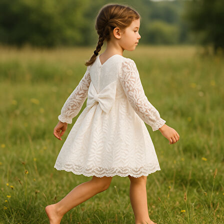 Kız Çocuk Elbise Uzun Kollu Fiyonklu Dantel Detaylı Sırt Baglamalı Bayramlık ve Özel Gün Elbisesi